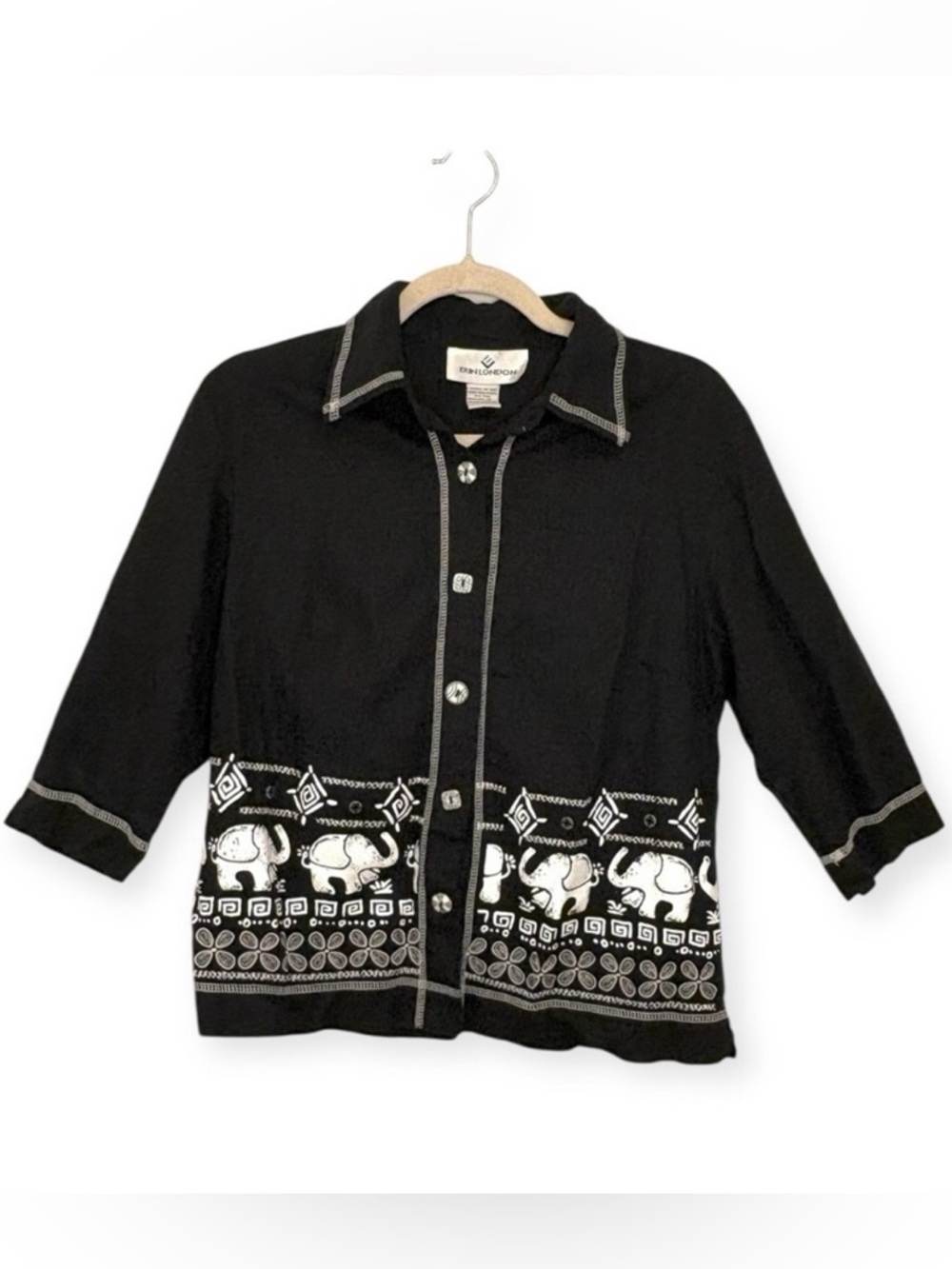 Vintage Erin London Black Linen Elephant Shirt Resortwear Vacation Style Small